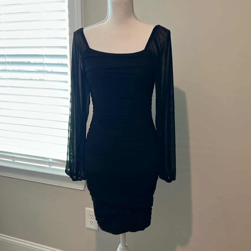 NEW Square Neck Long Sleeve Mini Ruched Bodycon Dress Stretch Cocktail Small S - Picture 1 of 16